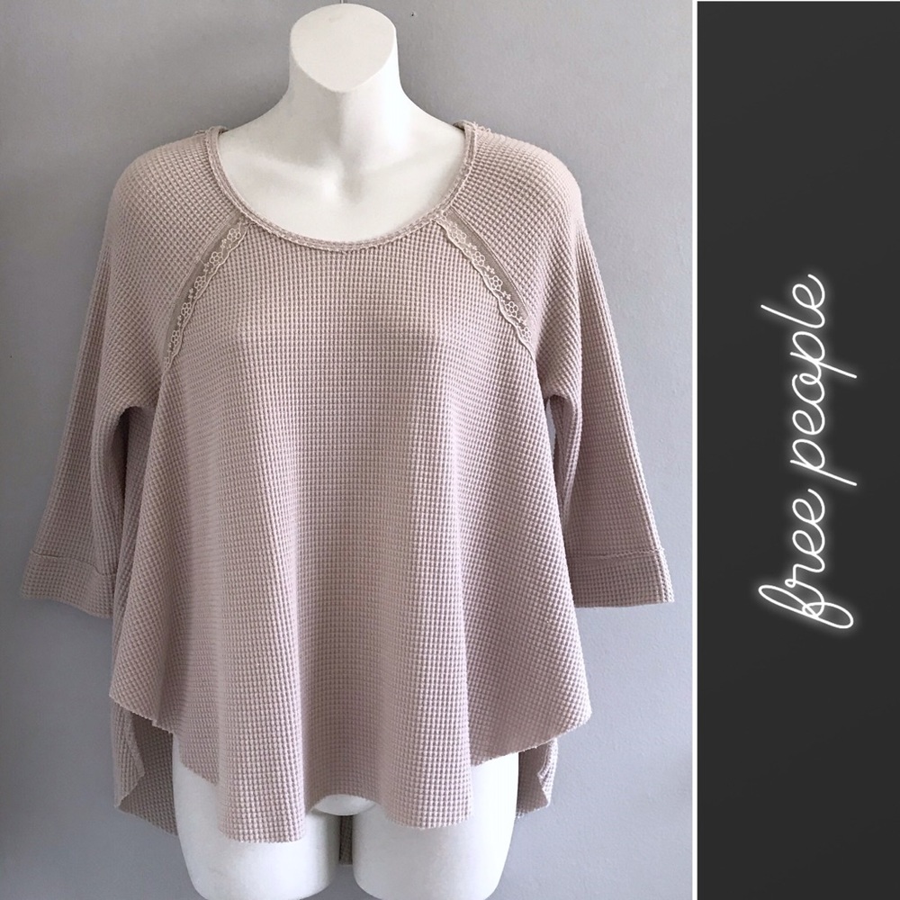 Free People Cream Waffle Sheer Lace 3/4 Sleeve Top • S